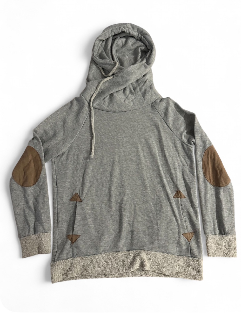 Women’s Gray Cowl neck Sweatshirt Pullover with Brown Elbow Patches